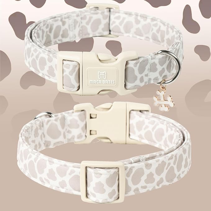Maca Bates Beige Leopard Cute Dog Collar for Large Boy Girl with Bone Charm,Leopard Pattern,Adjustable Durable Soft Comfortable Birthday Gift Collars for Male Female Puppy