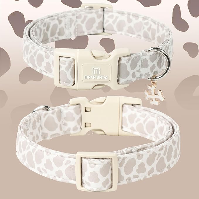 Maca Bates Beige Leopard Cute Dog Collar for Small Boy Girl with Bone Charm,Leopard Pattern,Adjustable Durable Soft Comfortable Birthday Gift Collars for Male Female Puppy