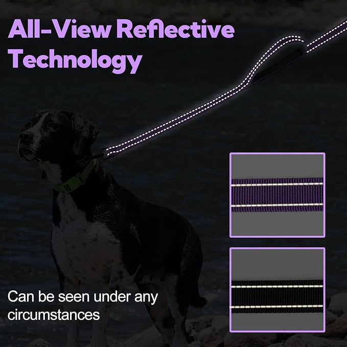 2-Handle Dog Leash Heavy Duty Traffic Control & Night Safety Reflective Lead for Small Mid Large Dogs, Comfort Padded Grip Dog Leashes for Walking and Training(6 FT x 1" Wide Purple+Black)