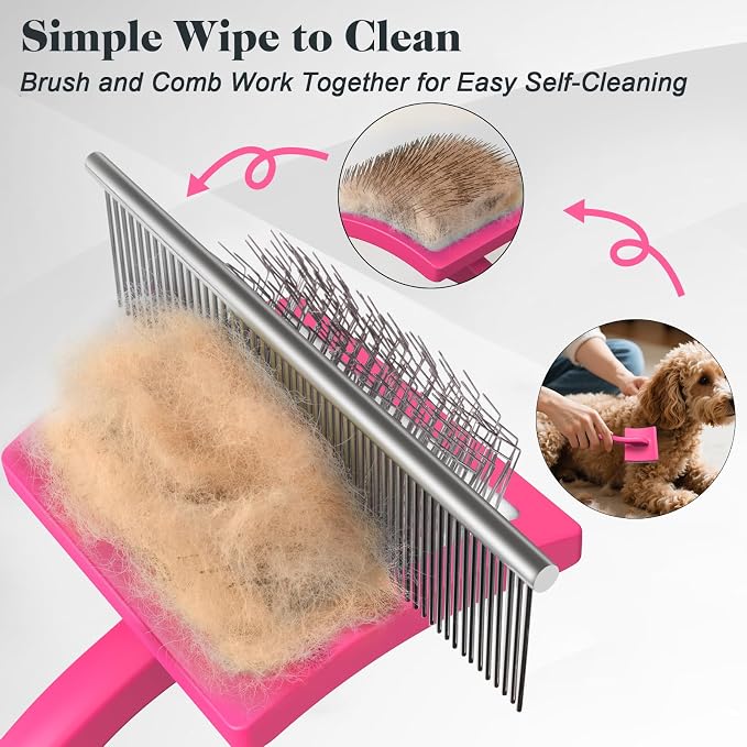 2PCS Slicker Brush for Dogs & Pet Comb,Professional Dog Grooming Brush (Goldendoodles,Poodles,Labradoodles) with Extra Long Pins to Effectively Remove Tangles, Knots and Mats (Pink, Large)