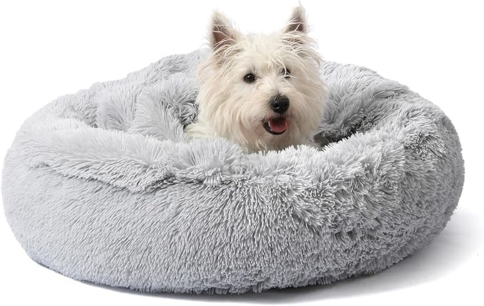 Calming Donut Dog Bed with Hooded Blanket – Plush Fluffy Cave Bed for Small & Medium Dogs, Machine Washable Anti-Anxiety Pet Bed for Cats