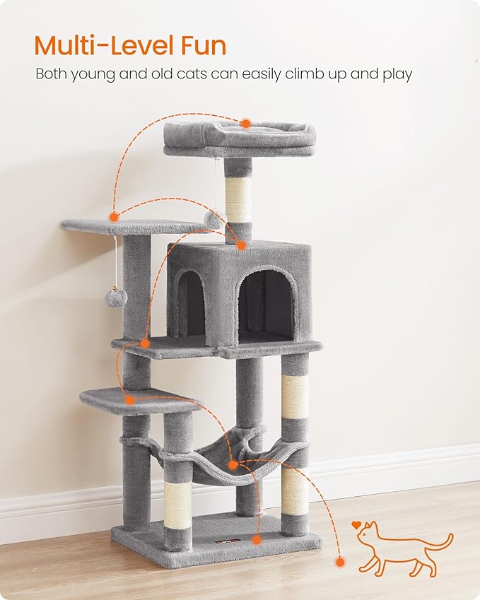 Feandrea Cat Tree, 44.1-Inch Cat Tower, Plush Multi-Level Condo with 4 Scratching Posts, 2 Perches, Hammock, Cave, Light Gray UPCT261W01