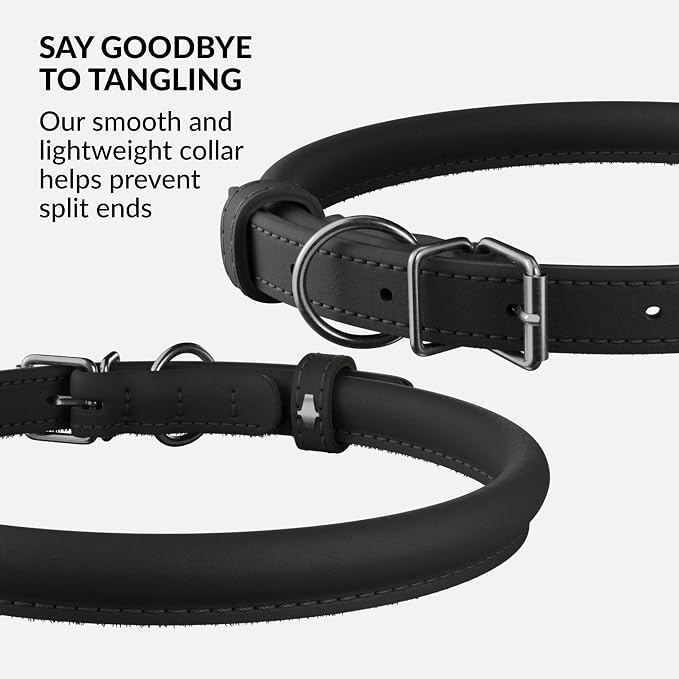 CollarDirect Rolled Leather Dog Collar, Soft Padded Round Puppy Collar, Handmade Genuine Leather Collar Dog Small Large Cat Collars 13 Colors (6 Inch, Black Smooth)