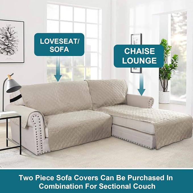 Turquoize 100% Waterproof Sofa Covers Chaise Lounge L Shape Sofa Protector Slip Cover Triple Non-Slip Sofa Slipcover for Sectional Couch Cover for Pets, Kids (Chaise, Pale Oak)