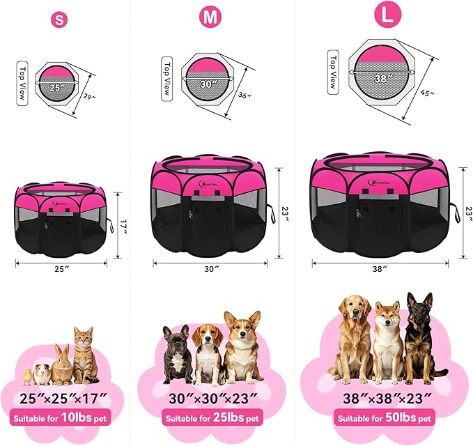Siedihit Dog Cat Playpen, Large Puppy Pet Playpen, Dog Crate Tent Cage Indoor/Outdoor, Portable Pop Up Dogs Kennel Playpen with Carrying Case for Dogs/Cats/Rabbits, Hot Pink