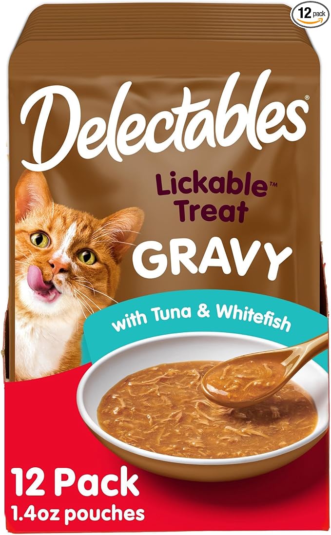 Delectables Lickable Treat Gravy Wet Cat Treat with Real Tuna & Whitefish, Food Topper, Hydrating, Grain-Free, No Fillers, By-Products, Added Preservatives, 1.4oz Pouch, 12ct