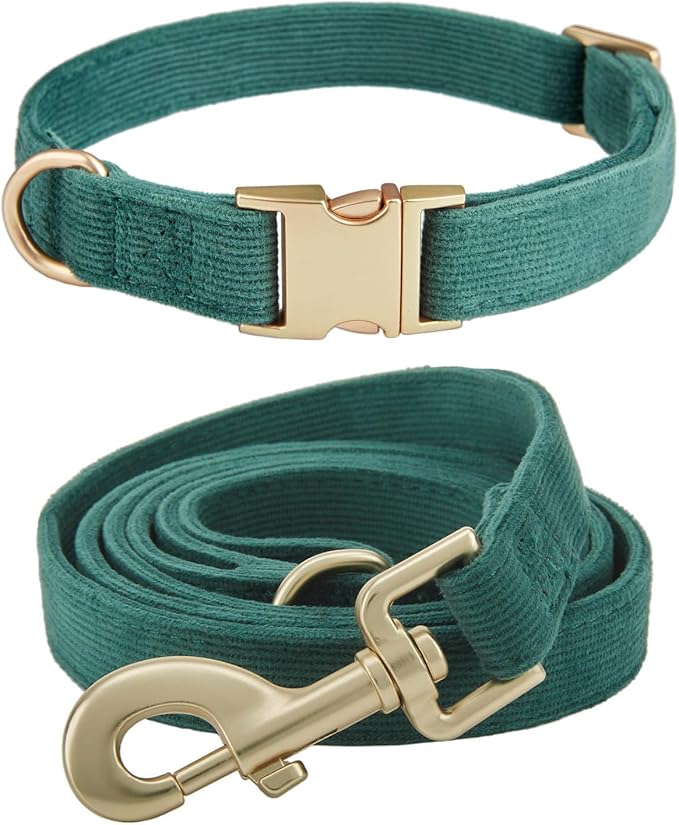 Soft Corduroy Dog Collar and Leash Set Adjustable Durable Dog Collars with Metal Buckle and Lead for Medium Dogs,Dark Green