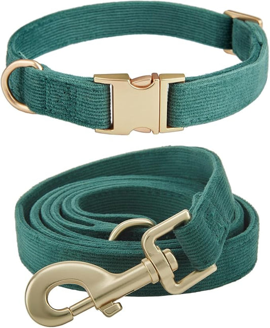 Soft Corduroy Dog Collar and Leash Set Adjustable Durable Dog Collars with Metal Buckle and Lead for Large Dogs,Dark Green