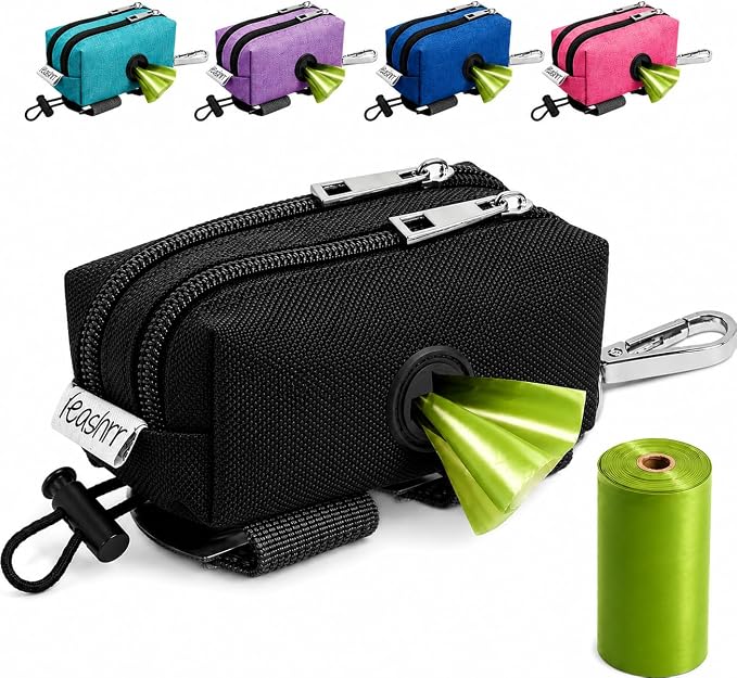 Dog Poop Bag Holder for Leashes - Dog Poop Bag Dispenser and Treat Holder with 2 Waterproof Pouches for Pet Waste Bags and Walking Accessories + 1 Free Roll - Leashrr 2.0 (Black)