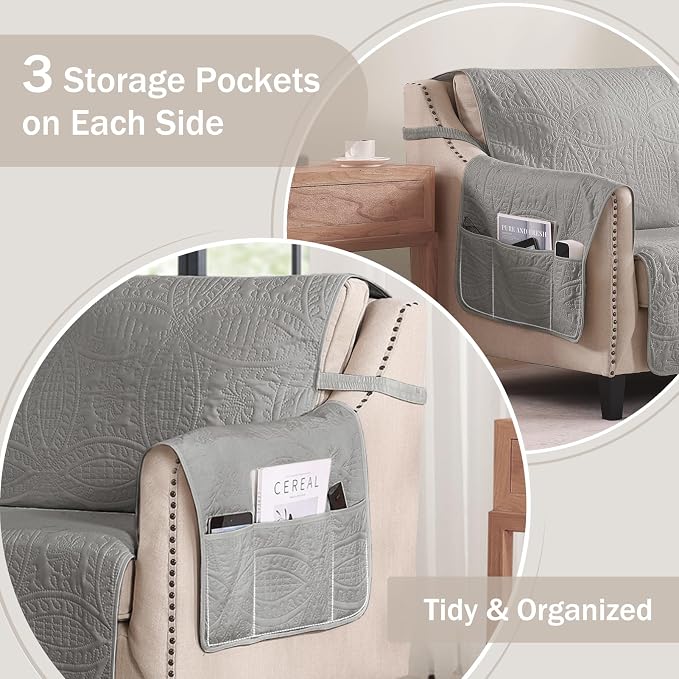 Gray Loveseat Covers 2 Cushion Couch, Water-Repellent Sofa Slipcover for Couch, Machine Washable Love Seat Quilted Couch Covers, Pet Friendly Loveseat Slipcovers (Loveseat 56", Cool Gray)