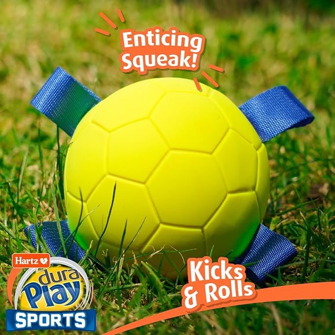 Hartz Dura Play Sports Soccer Dog Toy, Bacon Scented Squeaky Latex Yellow & Blue Toy, 3 Count