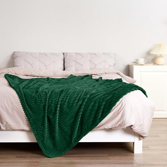 Bnuitland Dark Green Flannel Throw (50X71 inches) with Pillow Cover(18×18"),300GSM Super Soft Fleece Stripe Pattern Sofa Blanket, Lightweight Cozy Bed Throw for Home Decor All Season