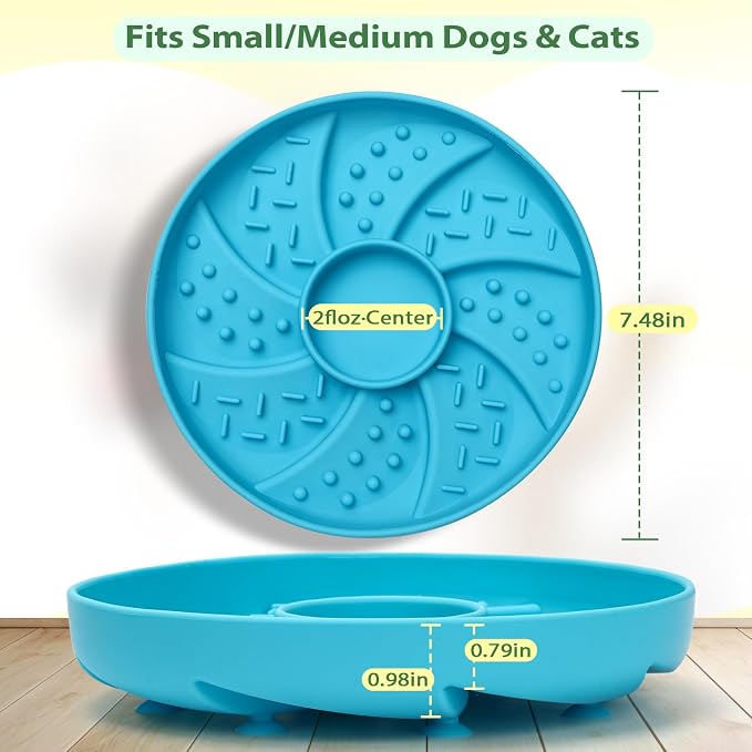 Silicone Dog & Cat Slow Feeder Bowl Lick Mat with Strong Suction Cups, Anti-Spill Design, Multi-Textured, Extend Mealtime, Reduce Anxiety, Dishwasher Safe, All Breeds & Ages (Blue)