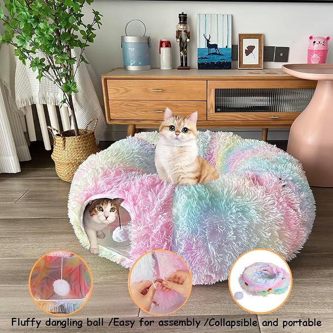 Cat Bed Tunnel Tube Toy Rainbow Plush Round, Collapsible Pet Tunnels for Indoor Cats, Interactive Toys Play Tubes with Hanging Ball for Kitty, Puppy, Rabbit for Fun Playtime & Exercise