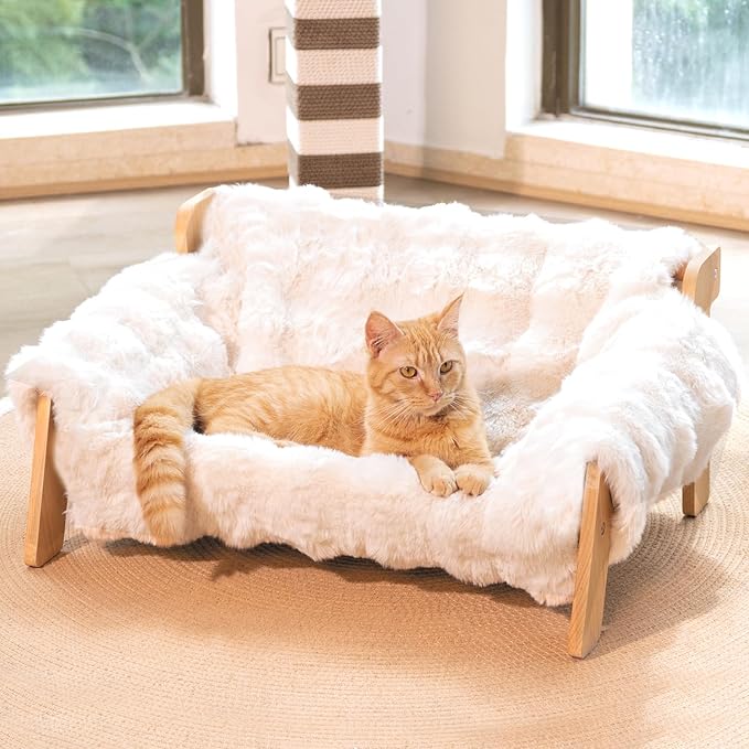 CHEERHOME PETS Elevated Cat Couch Bed for Indoor Cats, Wooden Cat Sofa with Removable Washable Fluffy Cover Raised Kitty Lounge Chair Suitable for Puppy(Cat Sofa Off-White)