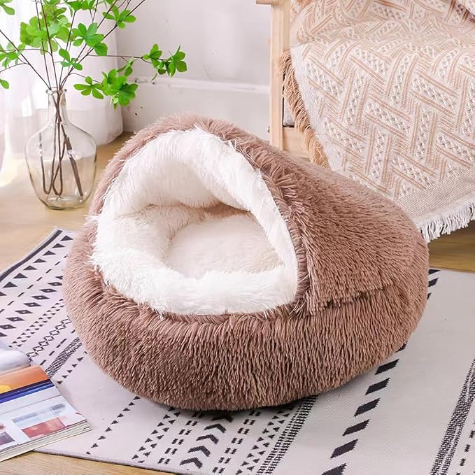 Cat Bed Round Fluffy Hooded Cat Bed Cave, Anti-Anxiety Cave Bed with Hooded Blanket, Cozy Cuddler Luxury Puppy Pet Bed, Anti-Slip Bottom and Machine Washable (Brown, Large)