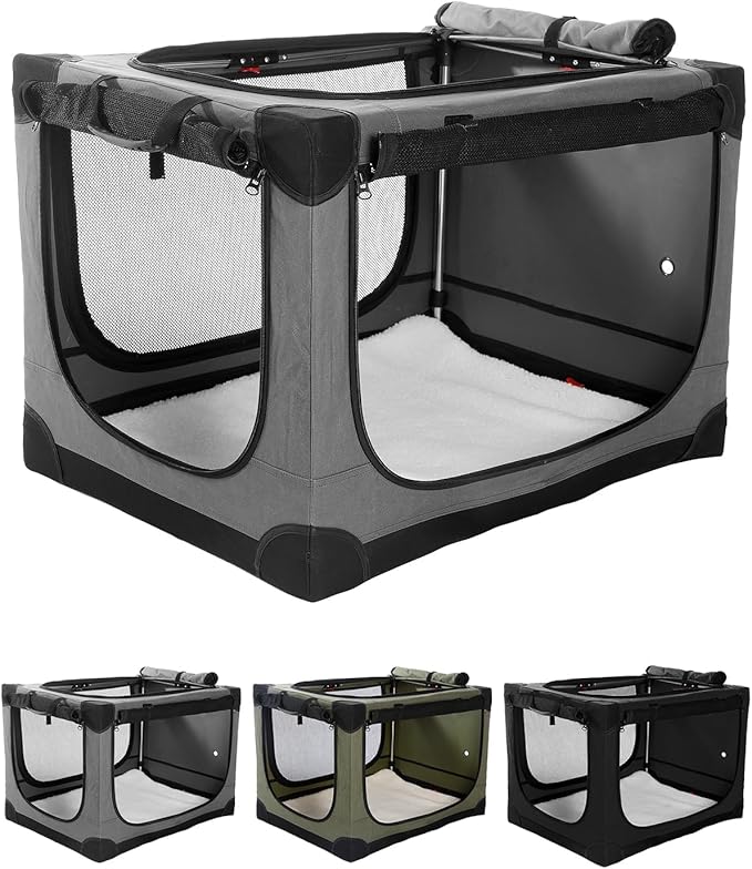 Veraste 42" L x 31" W x 31" H Collapsible Travel Dog Crate, Quick-Setup Portable Soft Dog Kennel for Large Dogs up to 90 lbs, 4-Door Foldable Travel Crate with Storage Bag, Grey