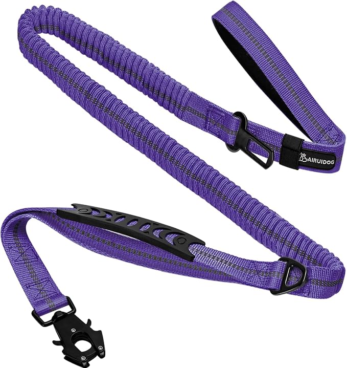 Heavy Duty Tactical Dog Leash, 4-6FT Shock Absorbing Bungee Lead with 2 Padded Handles, Metal Carabiner & Seatbelt Clip, Reflective No-Pull Leash for Medium/Large Dogs Purple