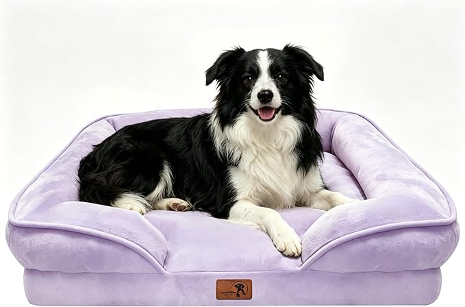 Spotted Play Orthopedic Dog Bed with Sides - Sofa Beds for Large Dogs, Supportive Foam Pet Couch Bed with Washable Removable Cover, Waterproof Lining and Non-Slip Bottom, Purple - L