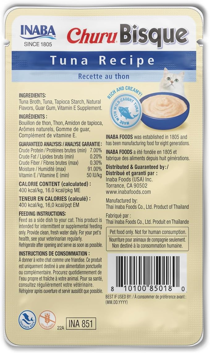 INABA Churu Bisque for Cats,Creamy Lickable Purée Side Dish with Vitamin E,1.4 Ounces per Pouch,Tuna Recipe,(Pack of 24)