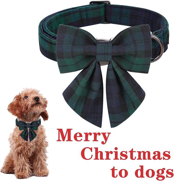 Unique style paws Christmas Dog Collar with Bow Tie Green Plaid Puppy Collar for Small Medium Large Dogs as Autumn Winter Pet Gifts-XS
