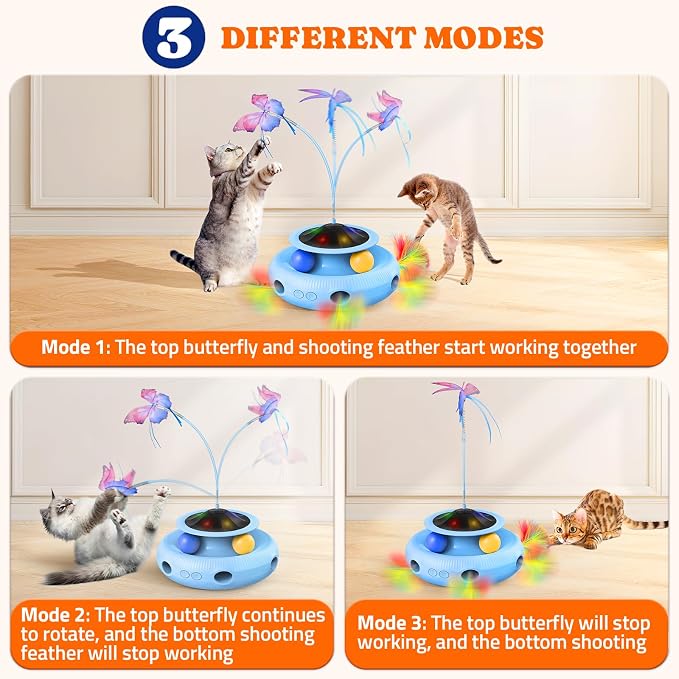 Pawtners Interactive Cat Toy 4 in 1 Automatic Cat Toy for Indoor Cats, Self Play Kitty Toy with Fluttering Butterfly, Track Ball and Feather Pack, Blue
