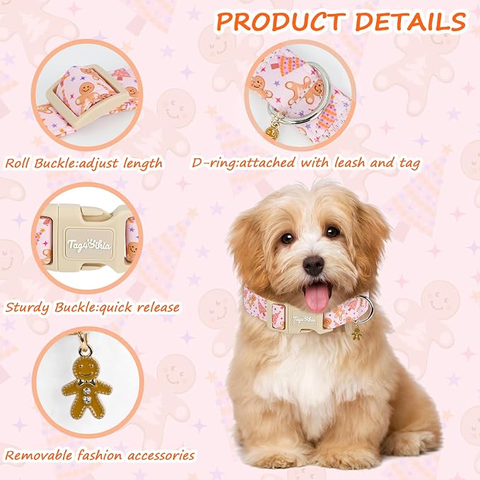 Christmas Dog Collar for Medium Dogs, Adjustable Exquisite Pink Dog Collar with Christmas Gingerbread Man Cartoon Pattern, Winter Holiday Pet Gift for Girl Boy Dogs-M