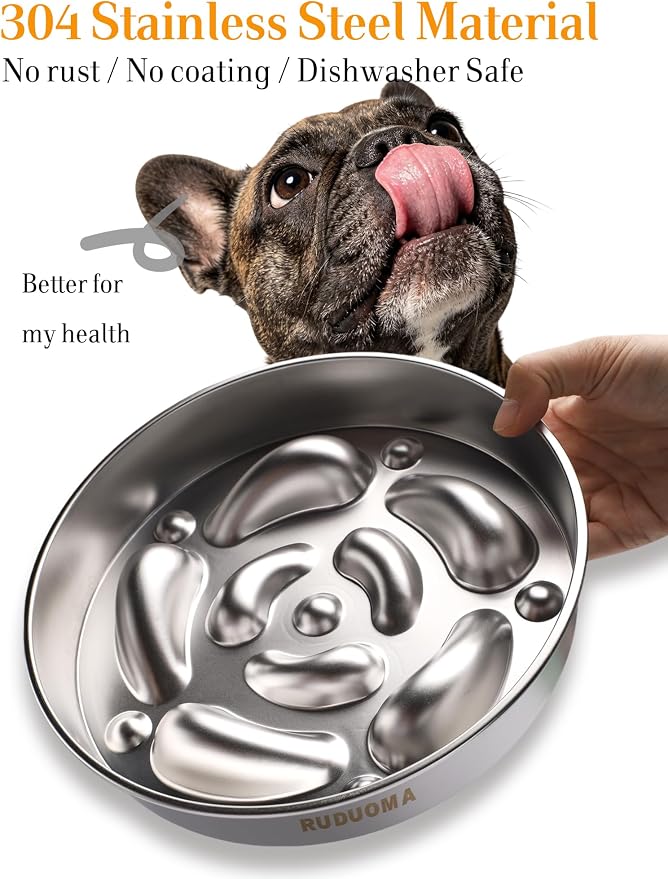 Stainless Steel Dog Bowls for Flat-Faced Brachycephalic Breeds,Gentle Slow Feeding Design,Moderately Slow Down Eating Pace,Non-Slip,2.5 Cups Capacity Metal Bowl for Medium Dogs