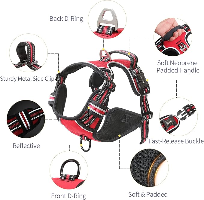 HEELE Dog Harness Medium No Pull Vest Harness Adjustable Reflective and Durable for Outdoor Training, Red, M
