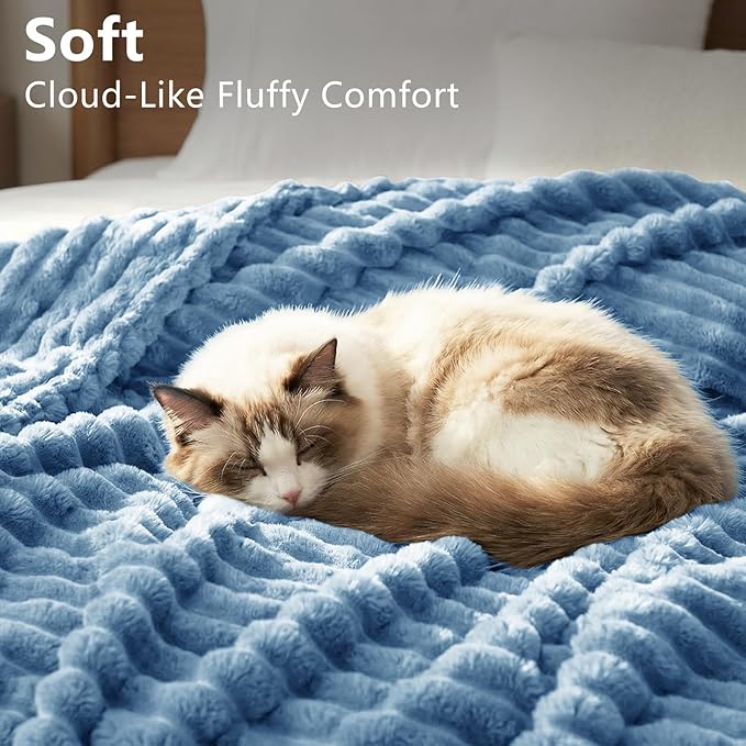 HIMEET Fleece Grayish Blue Throw Blanket for Bed - 300GSM Ribbed Soft Cozy Blanket for Couch, Graduation Birthday Gifts for Women Men, College Dorm Essentials Minimalist Room Throws, 50x60 Inches