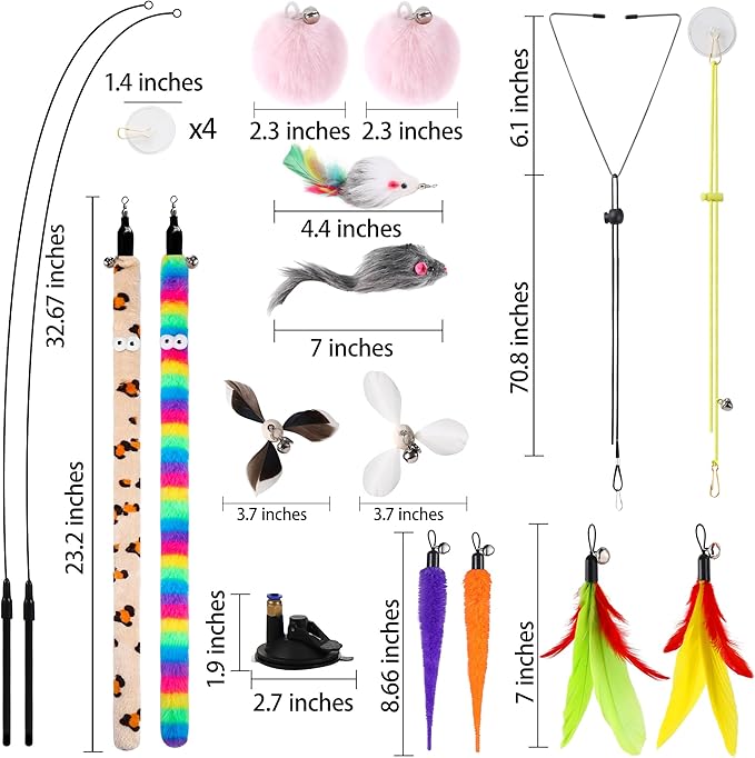 Soarer 4-in-1 Interactive Cat Wand Toy,12Pcs Durable Fishing Pole Cat Feathers Toys Replacements,Enhanced Suction Cup Cat Toy Floor,2 Types Door Hanging Cat String Toys for Indoor Kitten
