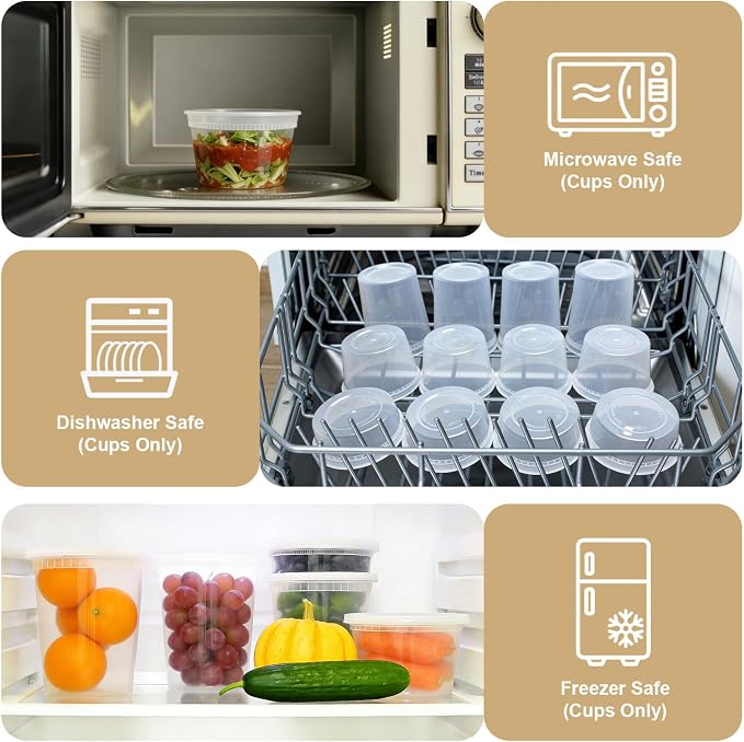 Clawsoff 60 Sets Deli Containers with Lids, 32/16/8 oz X 20 Set Each, Leak-Proof & BPA Free Airtight Takeout Plastic Food Storage Containers for Soup, Freezer/Microwave/Dishwasher Safe