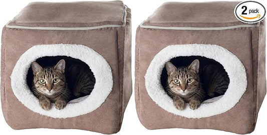 Cat House - Indoor Bed with Removable Foam Cushion - Cat Cave for Puppies, Rabbits, Guinea Pigs, and Other Small Animals by PETMAKER (Light Brown) (Pack of 2)