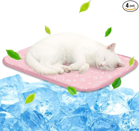 NWK Pack of 4 Pet Cooling Mat -Q-Max>0.345 Ice Silk Cooling Mat for Dogs & Cats Portable & Washable Pet Cooling Blanket, Car Seats, Beds for Summer (4pcs, Pink Cat, 20'' X 16'' X 0.3'')