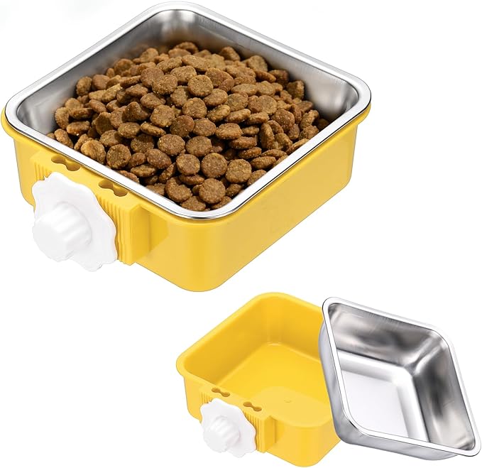 Crate Dog Bowl, Removable Stainless Steel Pet Cage Hanging Anti-Overturn Food Water Feeder Cage Cup (Square, Yellow, 17.7oz), Intended for Puppies/Cat/Rabbit/Bird