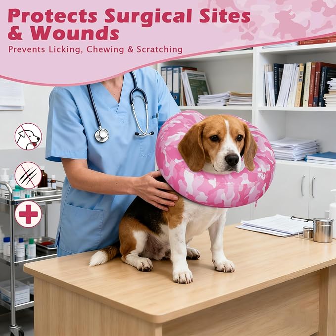 IEUUMLER Inflatable Recovery Dog Cone Collar, Neck Donut Protective ECollar, Adjustable Soft Collar for Dog and Cat After Surgery Prevent from Biting & Licking EU020 Pink Camo M