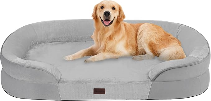 Dwanton Orthopedic Dog Bed for Large Dogs with Gel Memory Foam, Waterproof Dog Sofa, Washable Pet Bed with Four Sided Bolster Cushion, Removable Cover & Non-Slip Bottom, 42", Light Grey