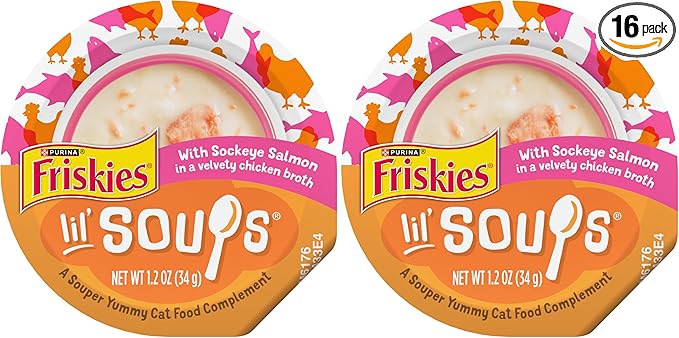 Friskies Purina Grain Free Lickable Cat Food Toppers Lil’ Soups with Sockeye Salmon in Chicken Broth - 1.2 oz. Cups,(Pack of 16)