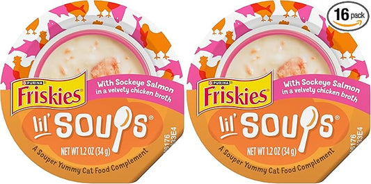 Friskies Purina Grain Free Lickable Cat Food Toppers Lil’ Soups with Sockeye Salmon in Chicken Broth - 1.2 oz. Cups,(Pack of 16)