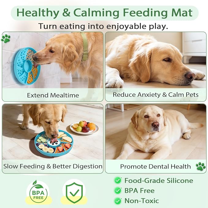 Silicone Dog & Cat Slow Feeder Bowl Lick Mat with Strong Suction Cups, Anti-Spill Design, Multi-Textured, Extend Mealtime, Reduce Anxiety, Dishwasher Safe, All Breeds & Ages (Blue)