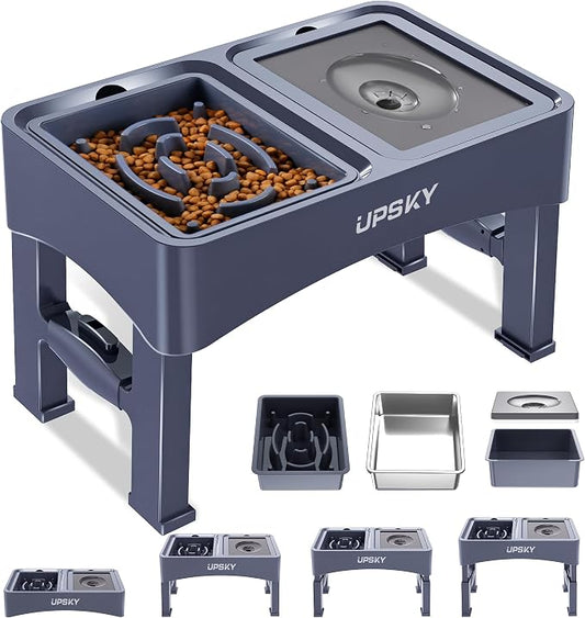 UPSKY 3-in-1 Elevated Dog Bowls Slow Feeder, Adjustable Stand, Stainless Steel Food & No Spill Pet Water Bowl for Small Medium Dogs, Blue