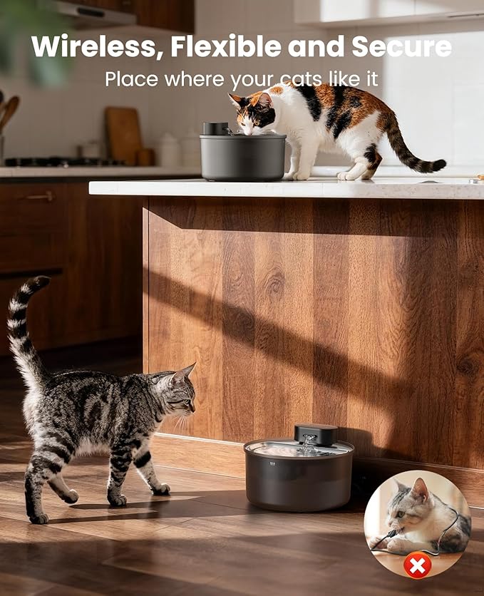 oneisall Cordless Cat Water Fountain: 108oz/3.2L Stainless Steel Cat Water Fountain with Quiet Wireless SilentFlow™ Pump for Cat Small Dog,Rechargeable BPA-Free Water Dispenser for Living Room Kitchen