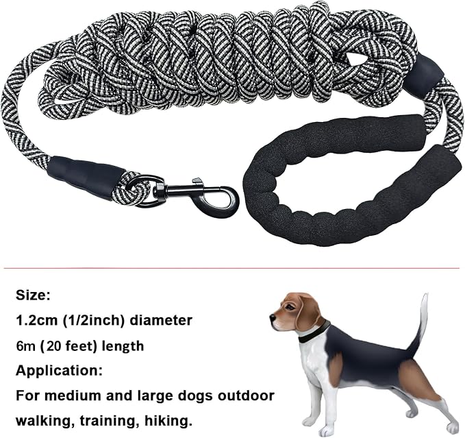 MayPaw Heavy Duty Rope Dog Leash, 3/4/6/7/8/10/12/15/20/30 FT Long Dog Lead Nylon Pet Leash, Soft Padded Handle Thick Lead Training Leashes for Large Medium Dogs (20ft * 1/2", Black)