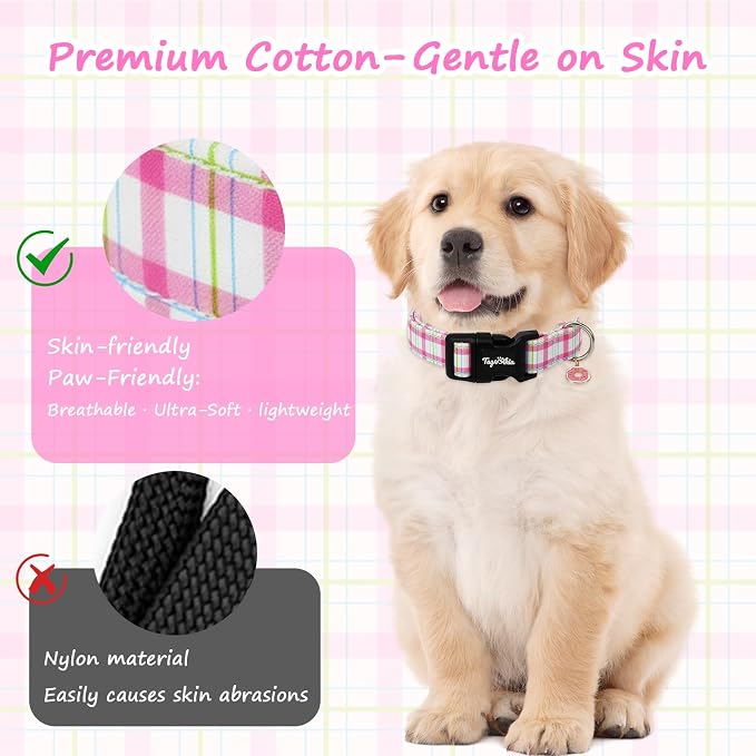 Dog Collar with Pink Plaid Patterns, Spring Summer Collection Dog Collar with Exquisite Pendant, Durable Adjustable Collars for Gifts & Daily Use-S