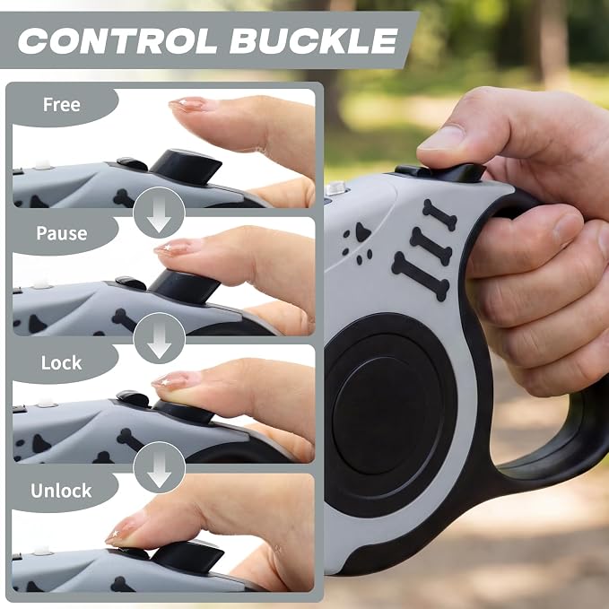 Retractable Dog Leash with USB Rechargeable Flashlight for Night Walks, 16FT Automatic Telescopic Tractor Dog Leash for Small and Medium Dogs, Grey