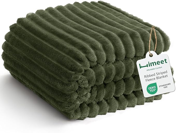 HIMEET Fleece Olive Green Twin Blanket for Bed - 300GSM Ribbed Guest Room Blanket, Graduation Birthday Gifts for Women Girls Her, College Dorm Essentials Aesthetic Porch Decor Throws, 60x80 Inches