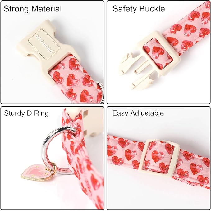 DOGWONG Valentine Dog Collar- Cute Pink Heart Dog Collars Adjustable Durable Designer Valentine’s Day Dog Collar for Small Medium Large Dogs M