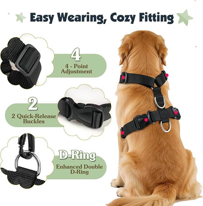 Pawaboo Dog Seat Belt Harness for Car, Dog Car Harness Seatbelt with Double Clips, Adjustable Breathable Pet Vest & Dogs Safety Tether with Elastic Bungee for Small Medium Large Pet, M,Green + Black
