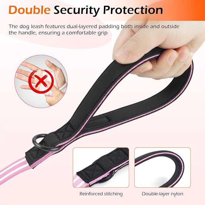 Double Handle Dog Leash for Large Dogs, Heavy Duty Adjustable Leash with Soft Padded Handles, Traffic Control Training Lead for Walking, Running (Purple & White Stripe, 4 ft)
