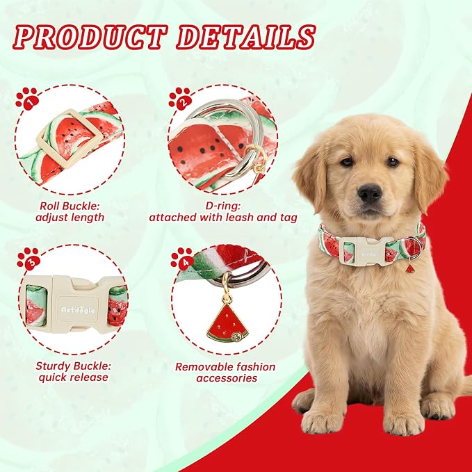 Summer Dog Collar with Watermelon, Adjustable Cotton Puppy Collars for Small Medium Large Dogs, Cute Girl or Boy Dog Collar Ideal for Gifts,Pet Accessory,S